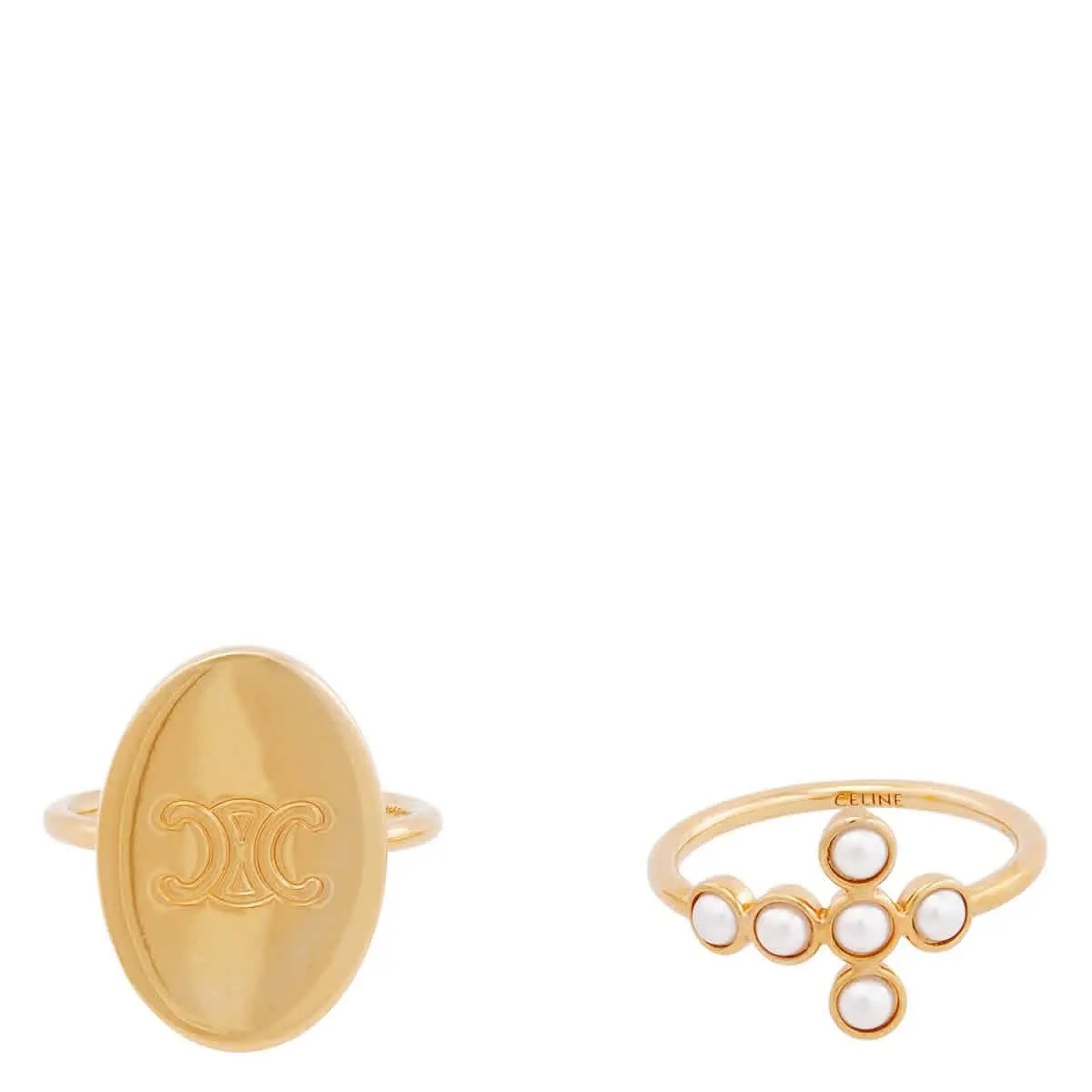 Celine Triomphe Folk Gold Finish Brass and Resin Pearl Ring Set Of 2