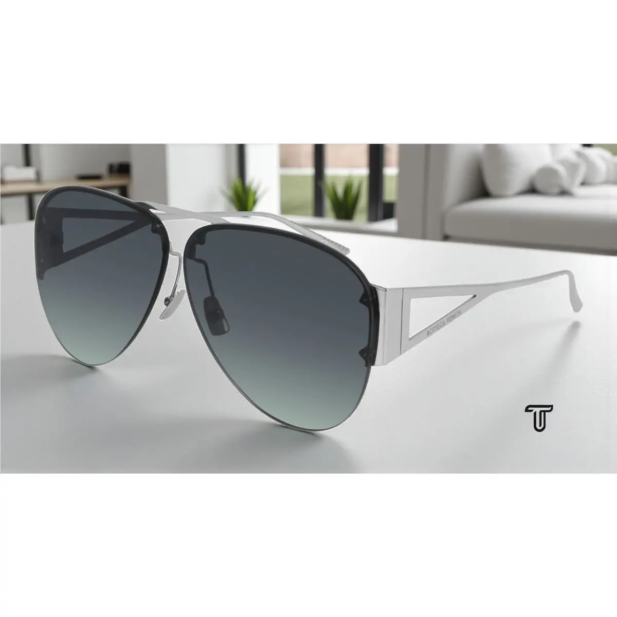 Bottega Veneta BV1066S 001 Pilot Navigator Silver Blue 65 mm Women`s Sunglasses