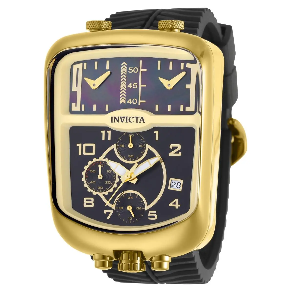 Invicta S1 Rally Dualshift Men`s 42mm Black Mop Triple Time Chrono Watch 49635 - Dial: Black, Champagne, Gold, Multicolor, Yellow, Band: Black, Bezel: Gold, Yellow