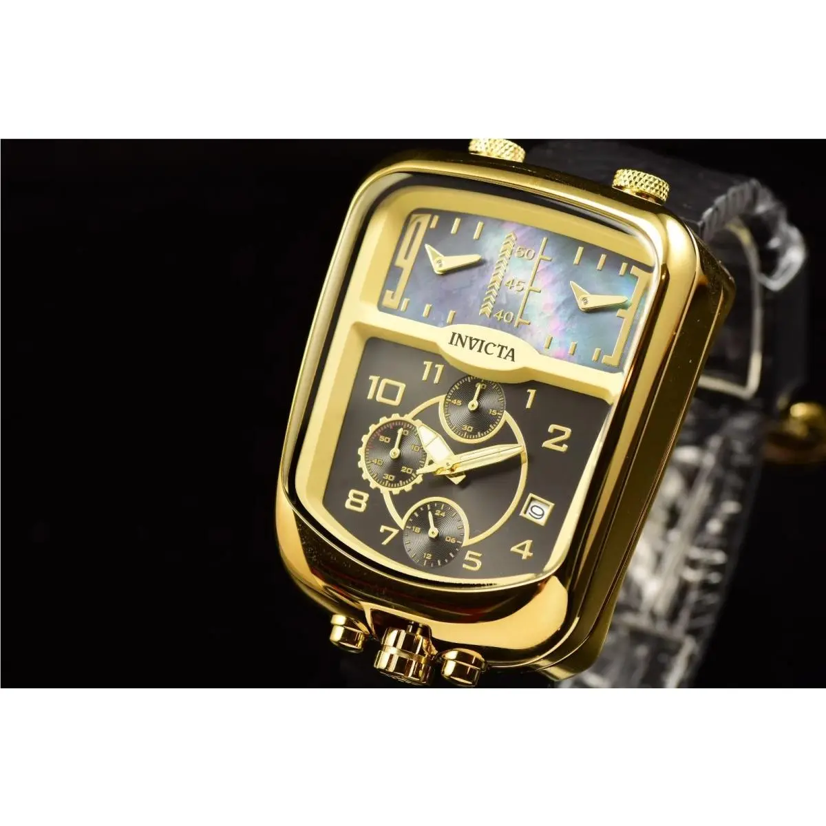 Invicta S1 Rally Dualshift Men`s 42mm Black Mop Triple Time Chrono Watch 49635 - Dial: Black, Champagne, Gold, Multicolor, Yellow, Band: Black, Bezel: Gold, Yellow