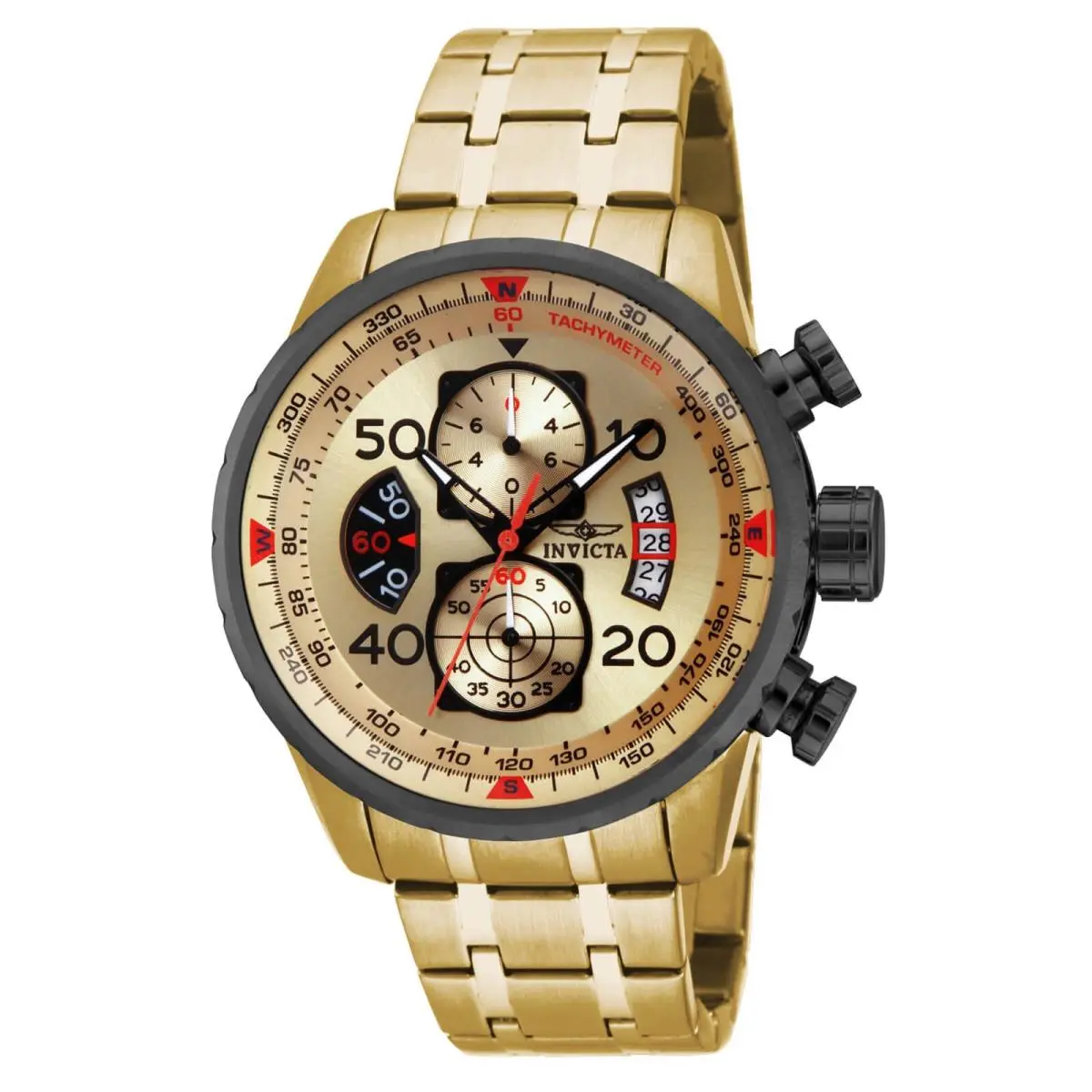 Invicta 17205 Mens Aviator Chrono Gold Tone Dial Gold Tone Steel Bracelet Watch - Gold, Dial: Gold, Yellow, Black, Band: Gold