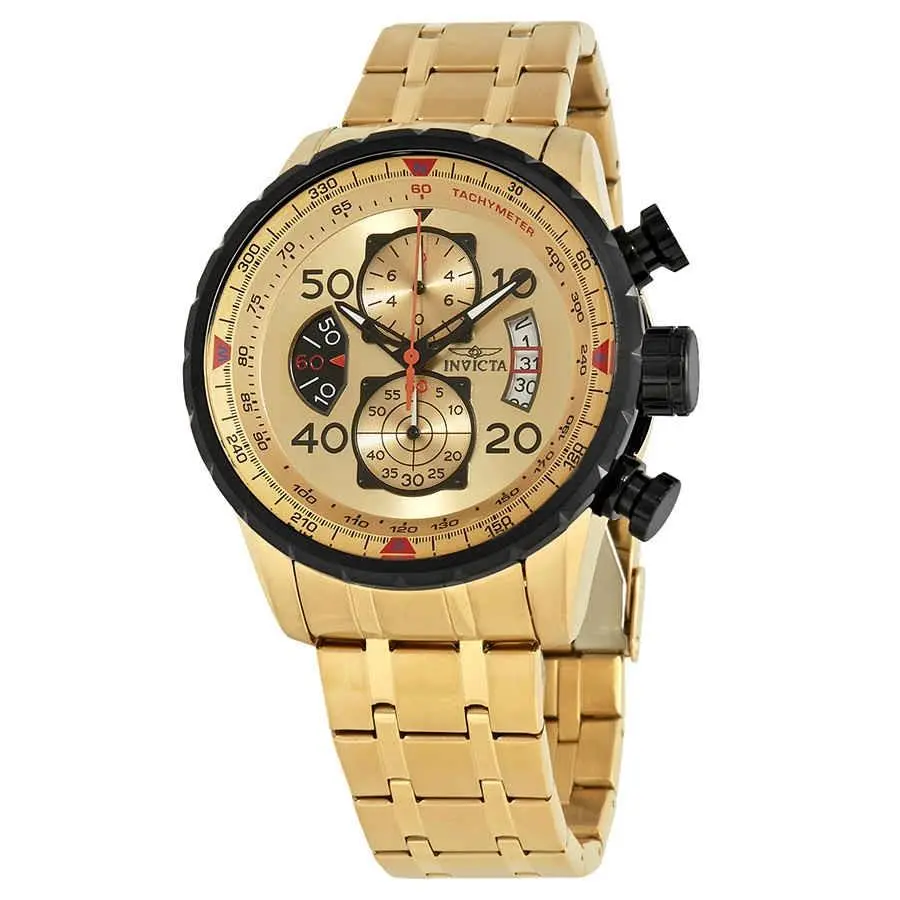 Invicta Aviator Chronograph Gold Dial Gold-plated Men`s Watch 17205 - Dial: Gold, Band: Gold-tone, Bezel: Yellow Gold-plated