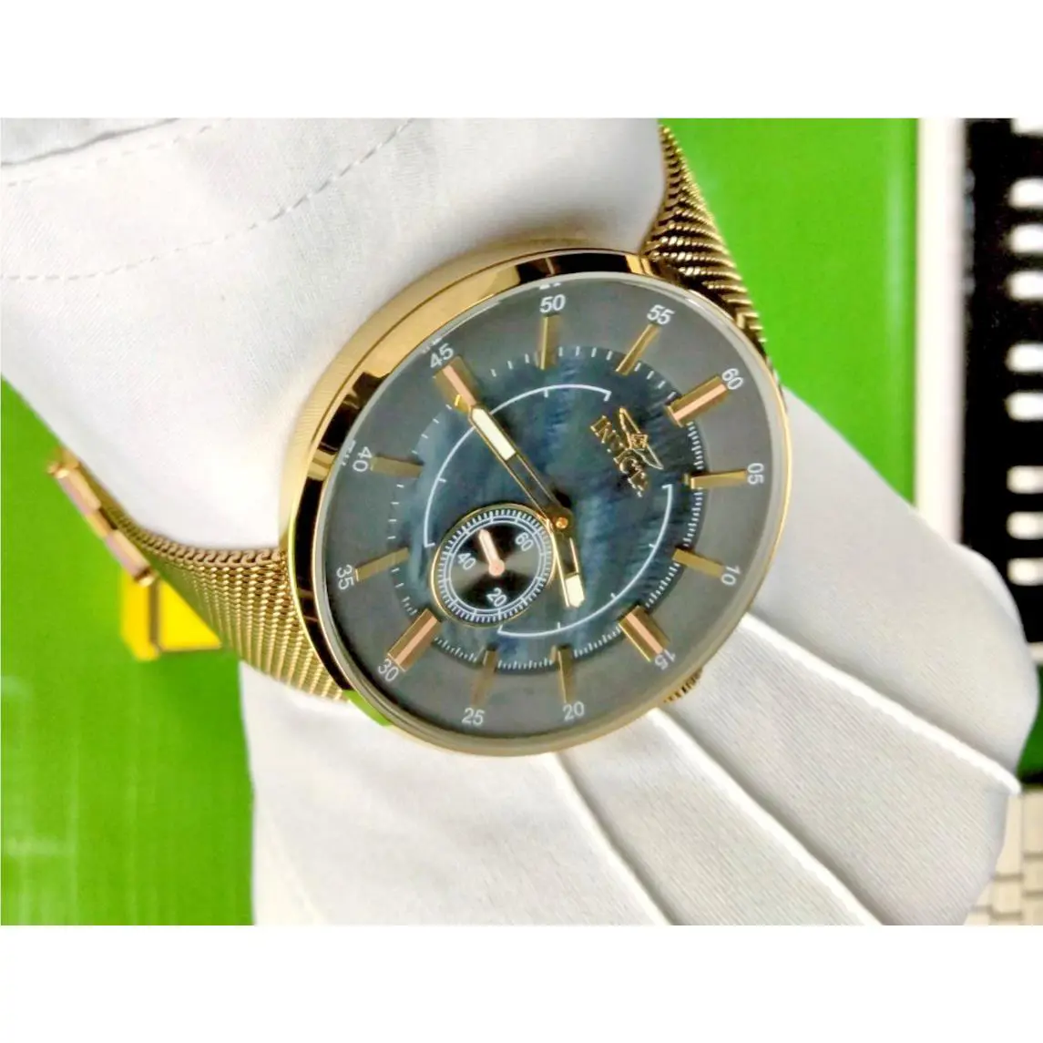 Vintage Gold Men Watch 39078 Mother Of Pearl Dial Gold SS Mesh Bracelet by Invicta