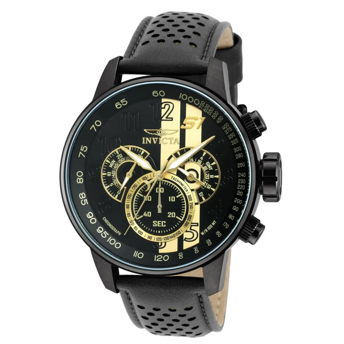 Invicta S1 Rally Race Team Men`s 48mm Black and Gold Leather Chrono Watch 19289
