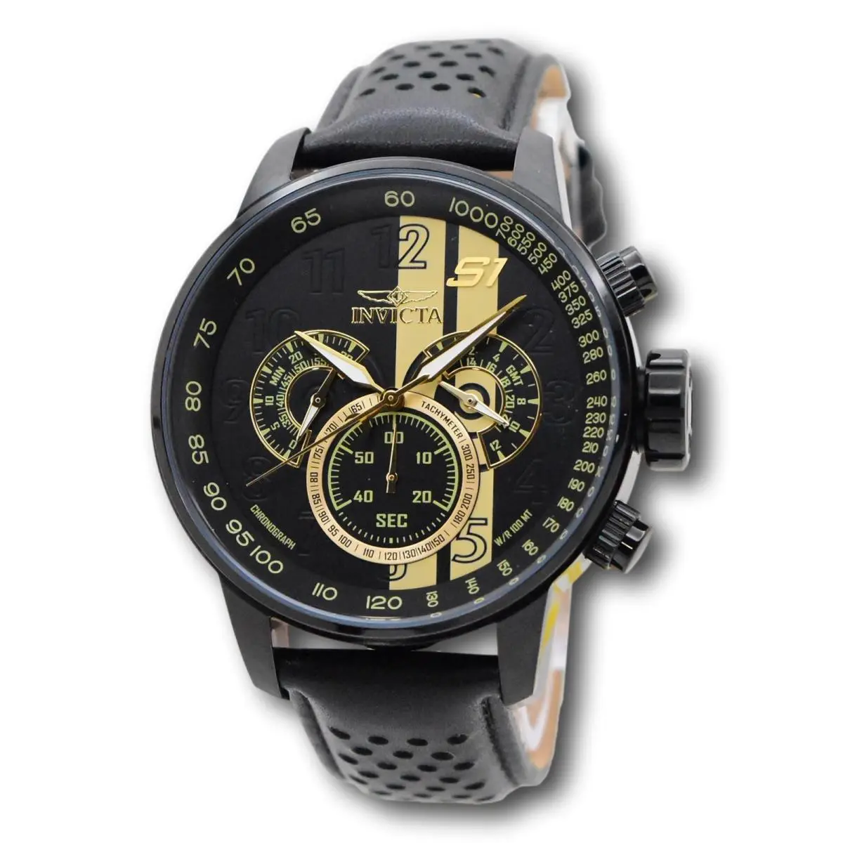 Invicta S1 Rally Race Team Men`s 48mm Black and Gold Leather Chrono Watch 19289