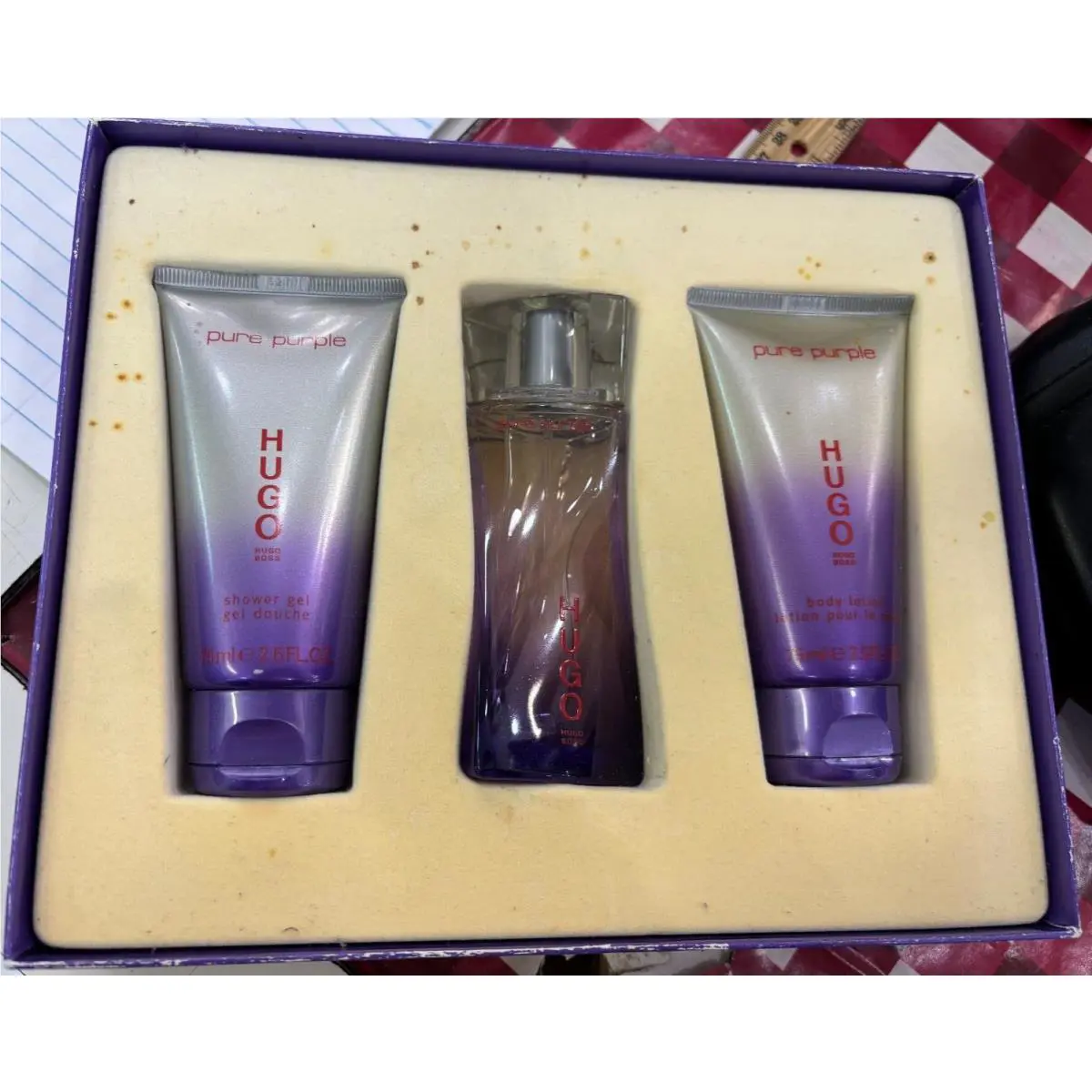 Pure Purple Hugo Boss Gift Set Edp 1.6oz Body Lotion 2.5oz Shower Gel 2.5oz