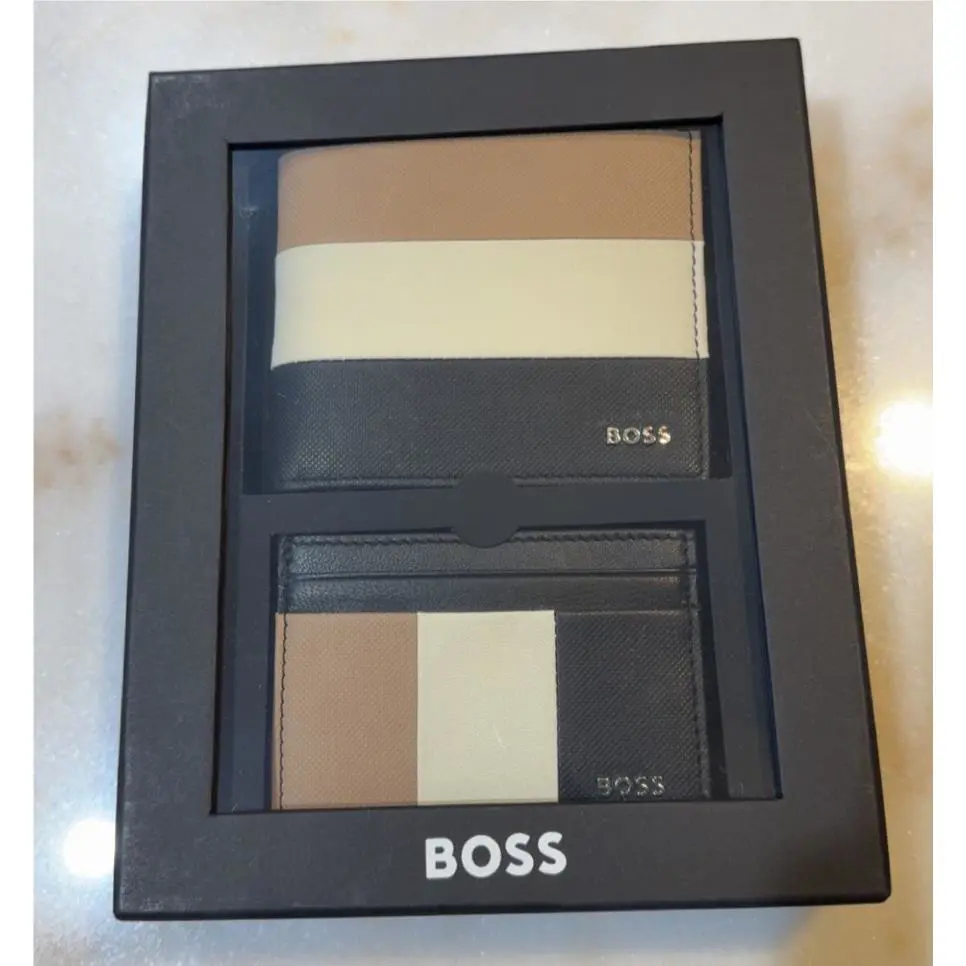 Hugo Boss Men`s Leather Wallet Set Bi-fold + Credit Card Holder Multi Color
