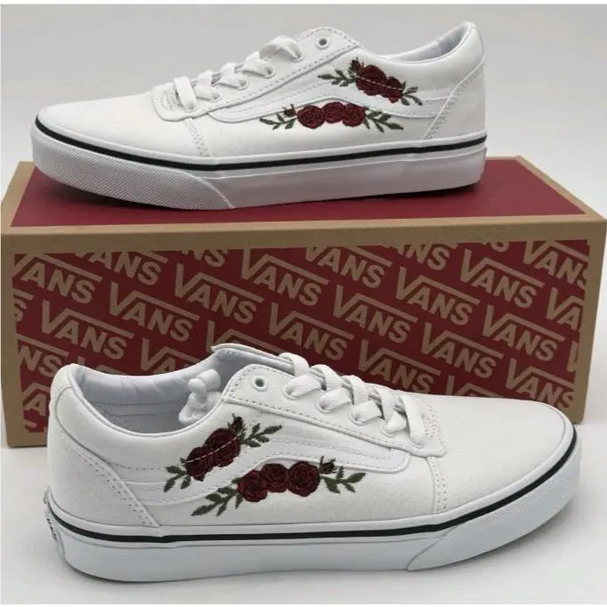 Vans Ward Shoe W 8.5 Rose Embroidery White Missy Low Top Sneaker Skateboarding