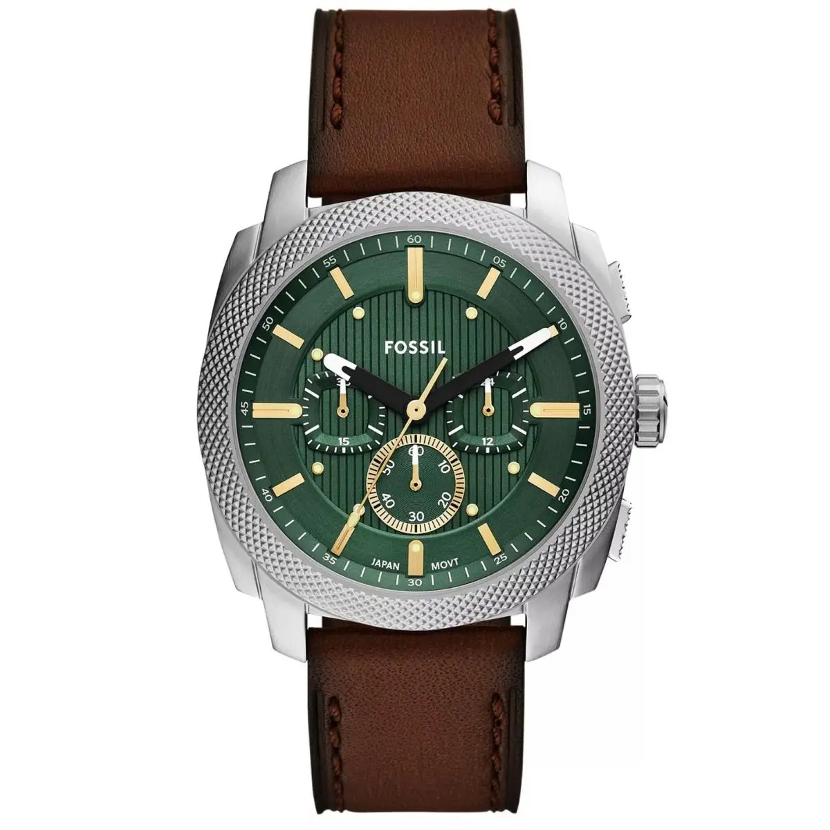 Fossil FS6100 Men`s Machine Brown Leather Band Green Dial Chronograph Watch - Dial: Green, Band: Brown, Bezel: Black