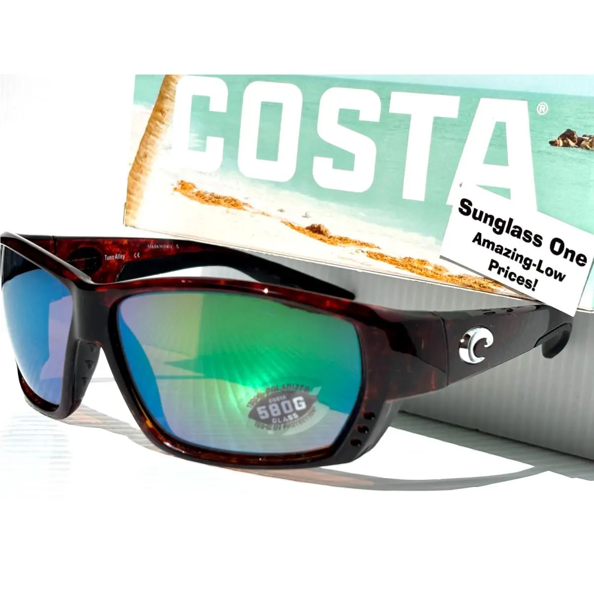 Costa Del Mar Tuna Alley Tortoise Polarized Green 580G Glass Sunglass TA 10
