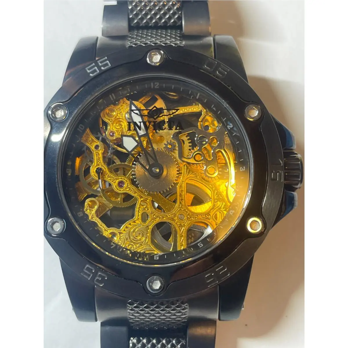 Men`s Skeleton Watch Invicta 5998. Manual Wind Black Band and Dial