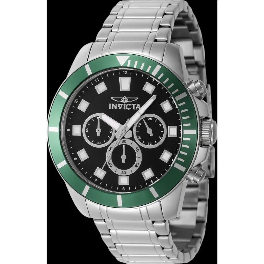 Invicta Men`s Pro-diver Watch 45MM Stainless Case Chrono Black Dial Green Bezel