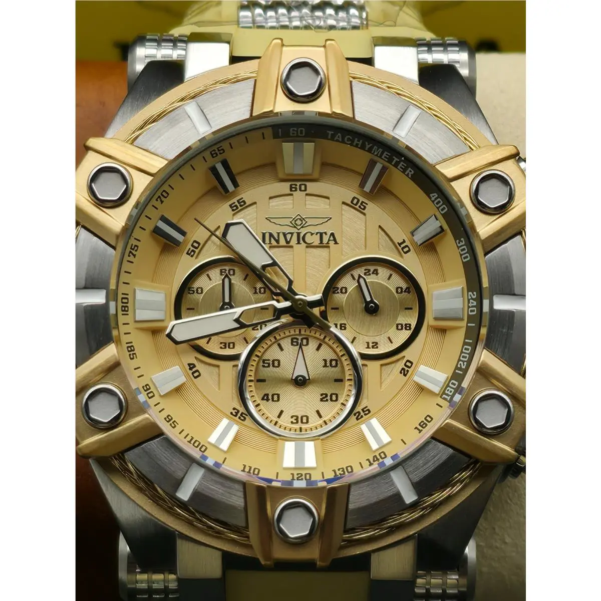 Invicta Bolt Surge 52MM Japan Chronograph Ivory Yellow Ivory Strap Men`s Watch
