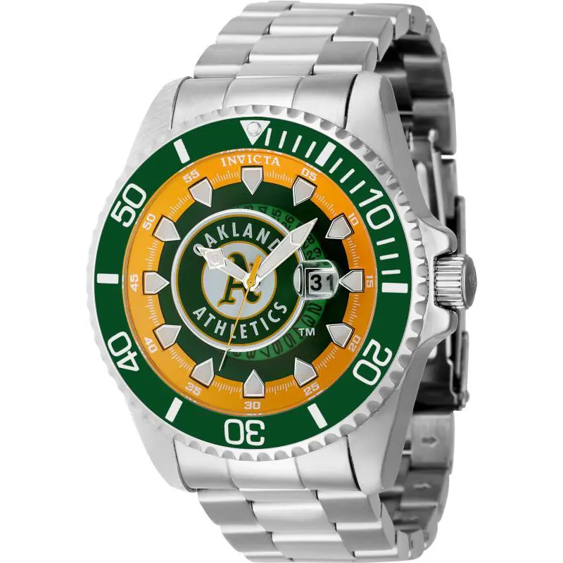Invicta Men`s 43473 Mlb Oakland Athletics Quartz Green Yellow Silver White Di