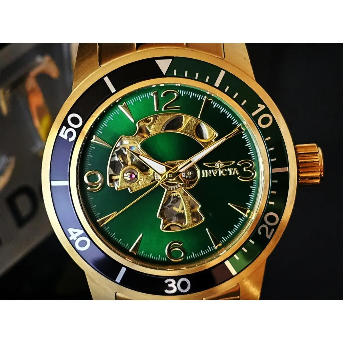 Invicta Green Black Two-tone Specialty Mechanical Watch 45mm Gold Strap w/ Box