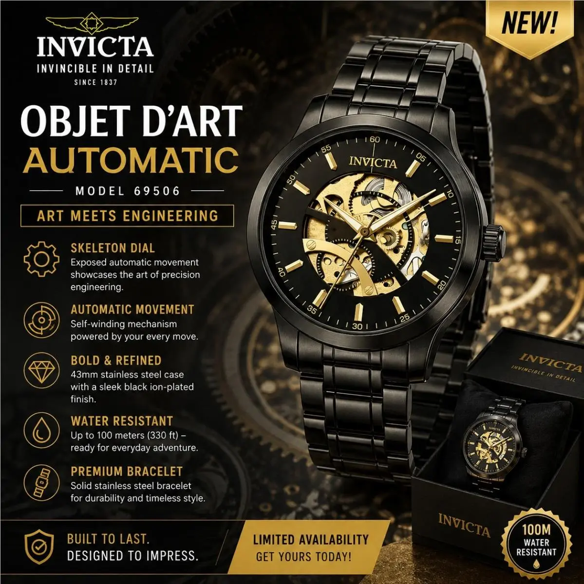 Objet D Art Automatic Skeleton Dial 43mm 69506 Black by Invicta