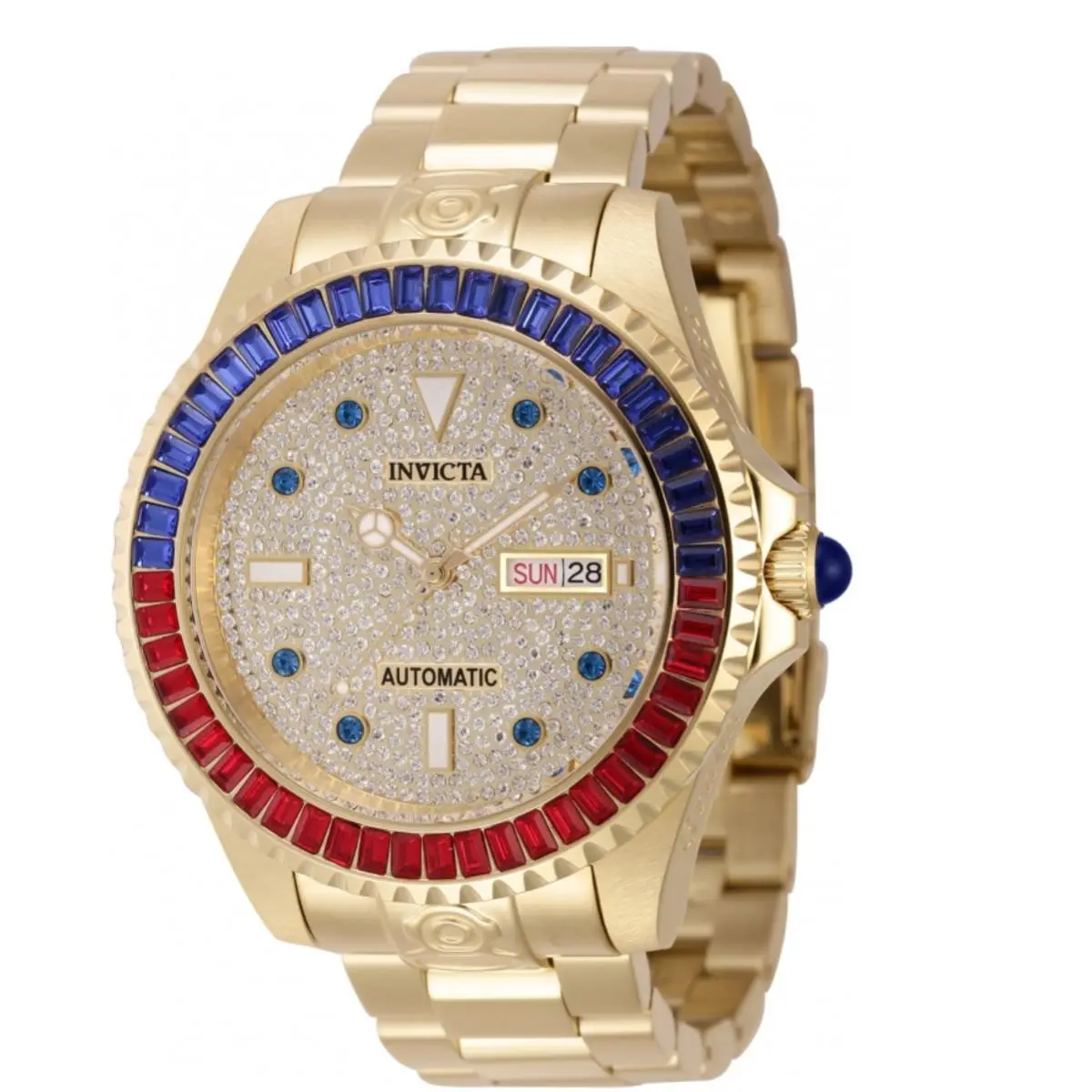 Invicta Grand Diver Automatic Men`s 47mm Pave Crystal Pepsi Bezel Watch 46636 - Dial: Blue, Gold, White, Yellow, Band: Gold, Yellow, Bezel: Blue, Gold, Red, Yellow