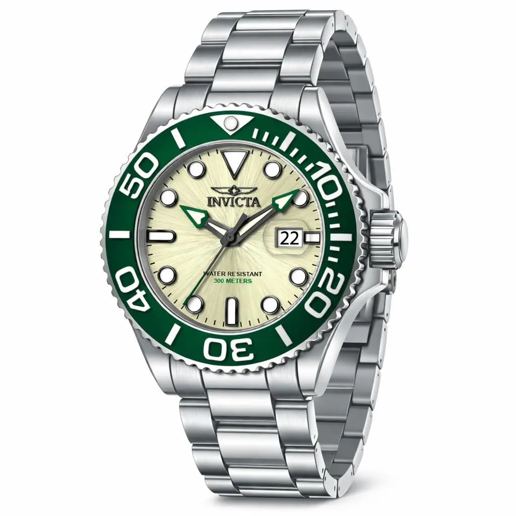 Invicta 52mm Men`s Grand Diver Quartz Champagne Dial Green Bezel SS Watch