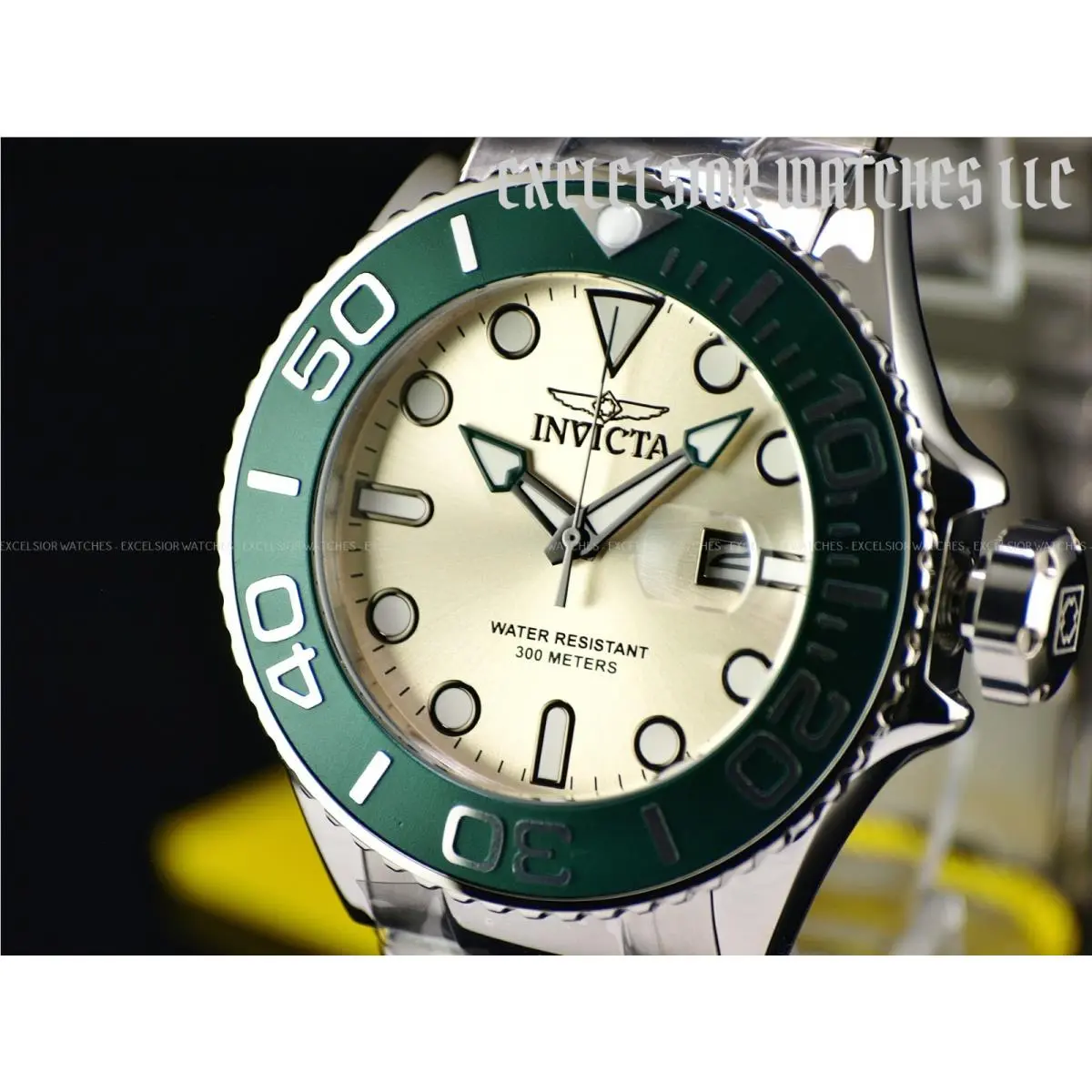 52mm Men`s Grand Diver Quartz Champagne Dial Green Bezel SS Watch by Invicta