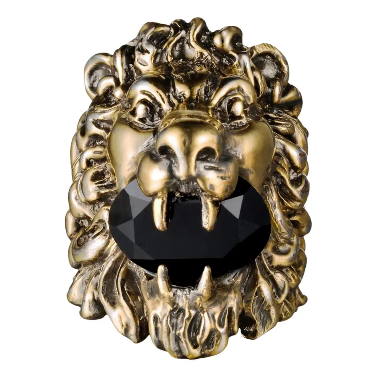 Gucci Lion Head King Ring Crystal Aged Gold Black Size 10 Model W Box
