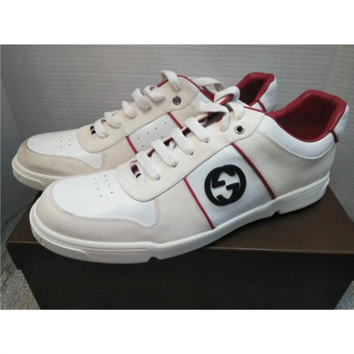 Gucci Interlocking G Men`s Cream White Sneaker Size 12.5 Read