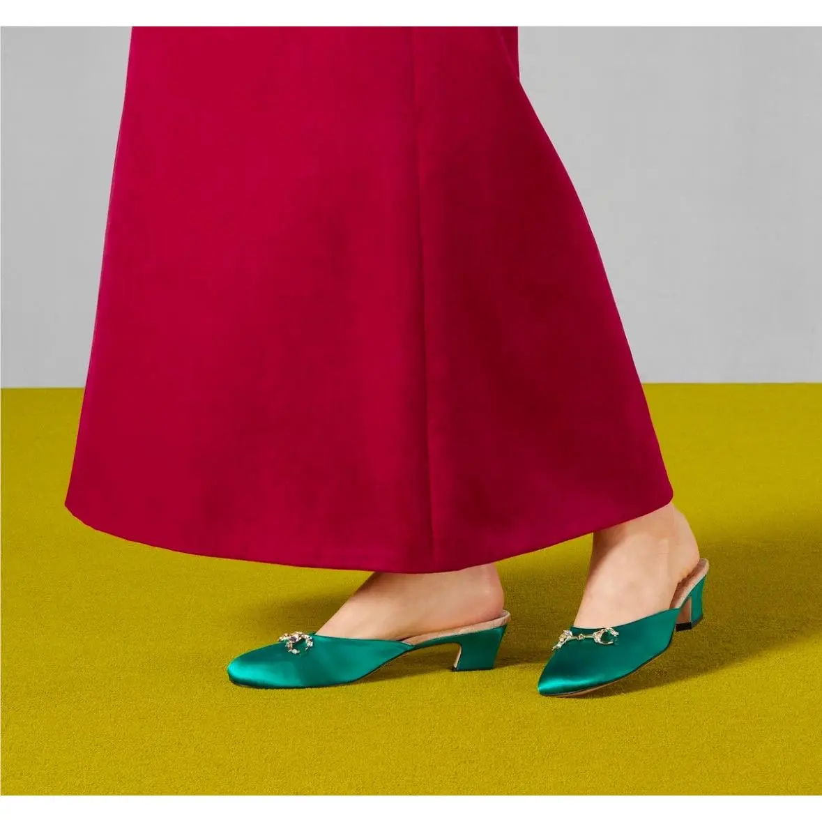 Horsebit Green Crystal Embellished Satin Mules Kitten Heel US 9/EUR 39 by Gucci