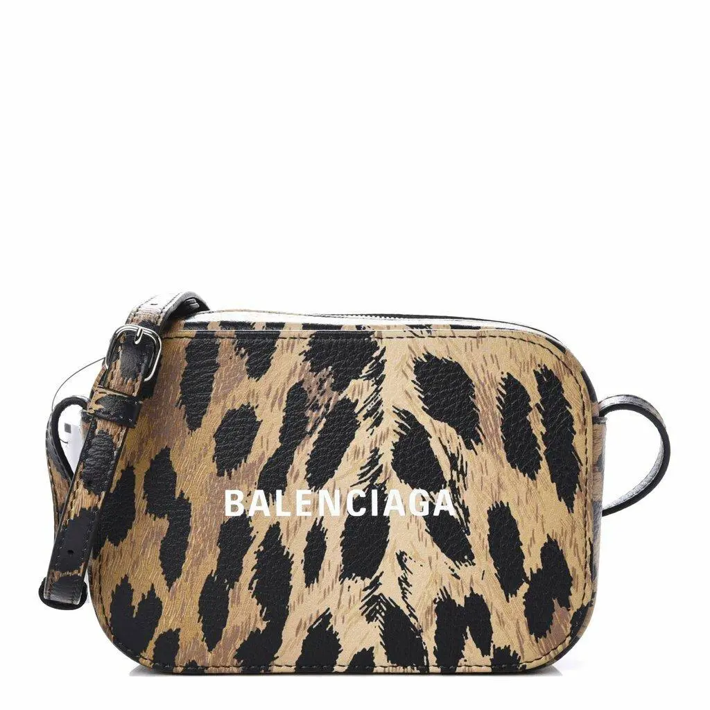Balenciaga Calfskin Logo Printed Leopard XS Everyday Camera Bag Cross Body