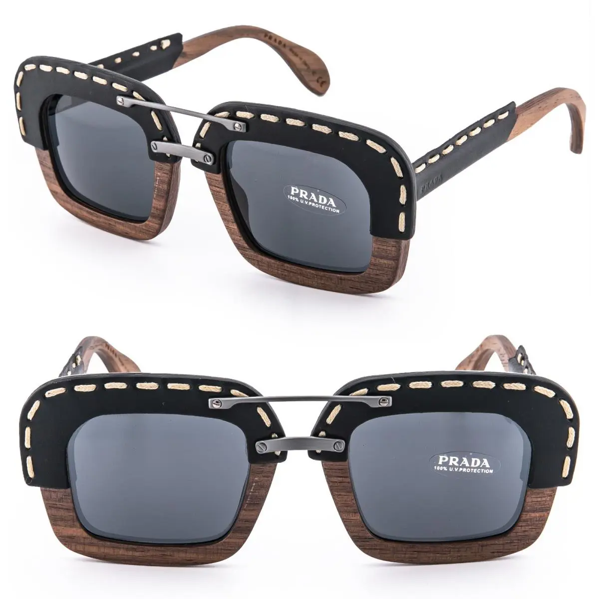 Prada 26R PR26RS Raw Brown Canaletto Black Leather Wood Sunglasses Square Unisex