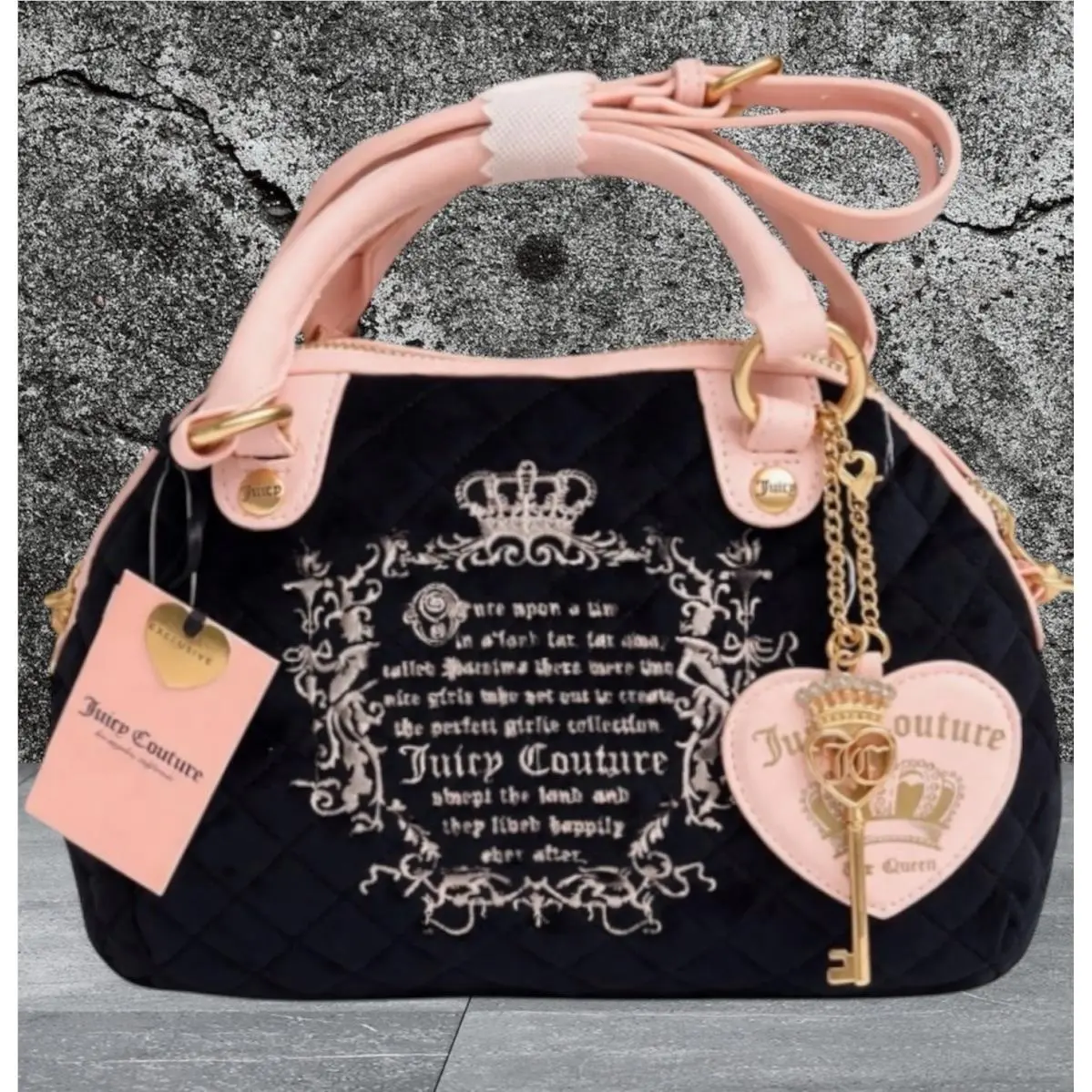 Juicy Couture Juicy Tale Black Quilted Satchel Bag Pink Trim Viral Tiktok