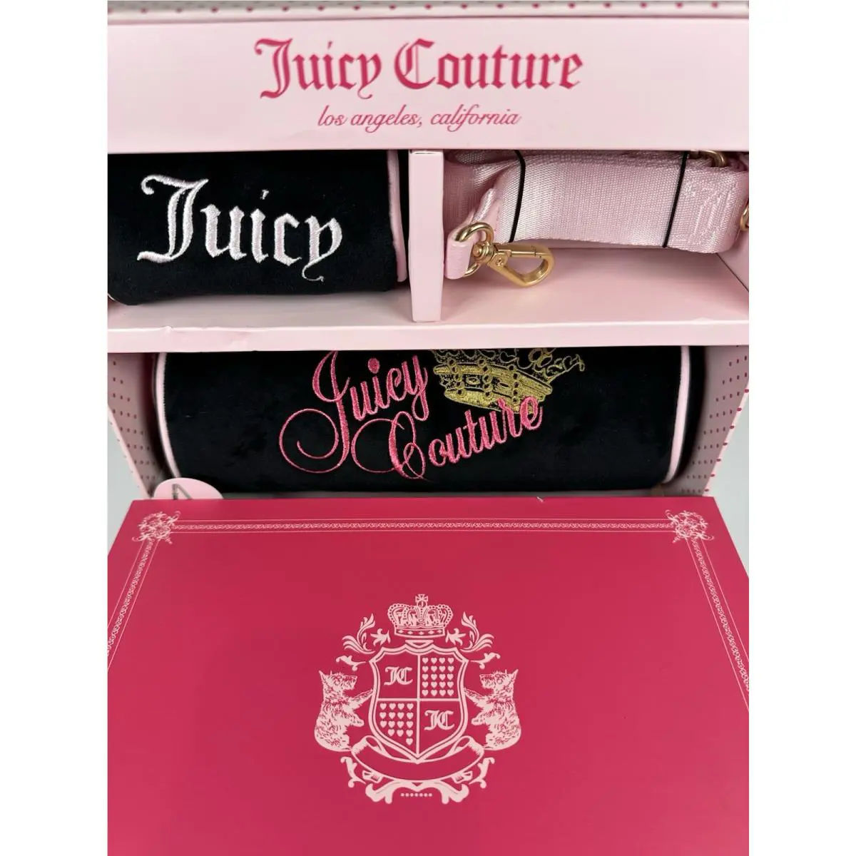 Juicy Couture Limited Edition 3PC Barrel Bag Set Crossbody Micro Pouch Blk Pnk