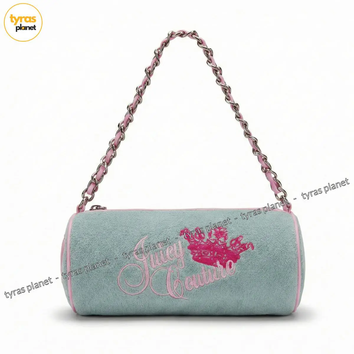 Juicy Couture Heritage Barrel Bag Pastel Turquoise Terry Pink Logo Chain Strap