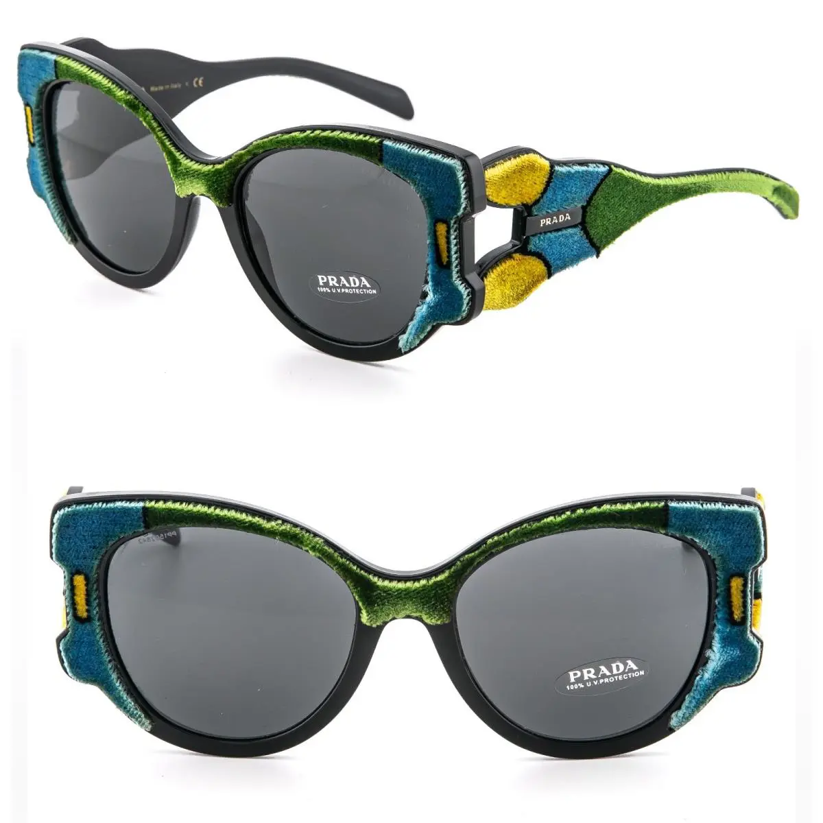 Prada 10U Tapestry Velvet PR10US Green Color Block Black Nylon Limited Sunglass