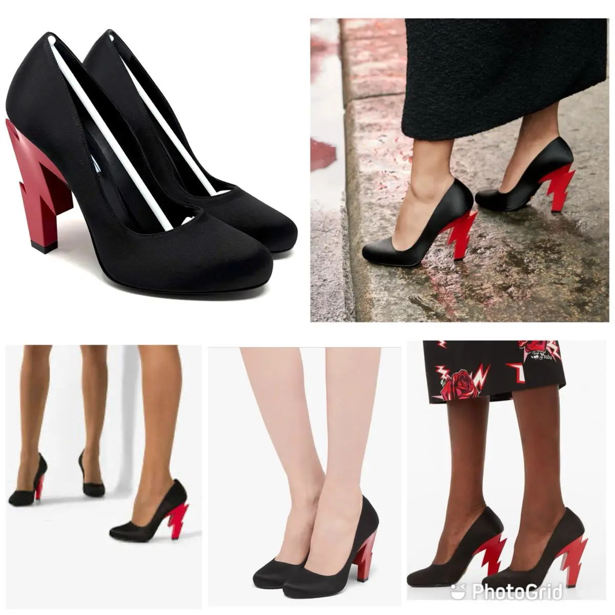 Prada Lighting Bolt Black Satin / Silk Pumps with Red Heels Size Eu 37/ US 7