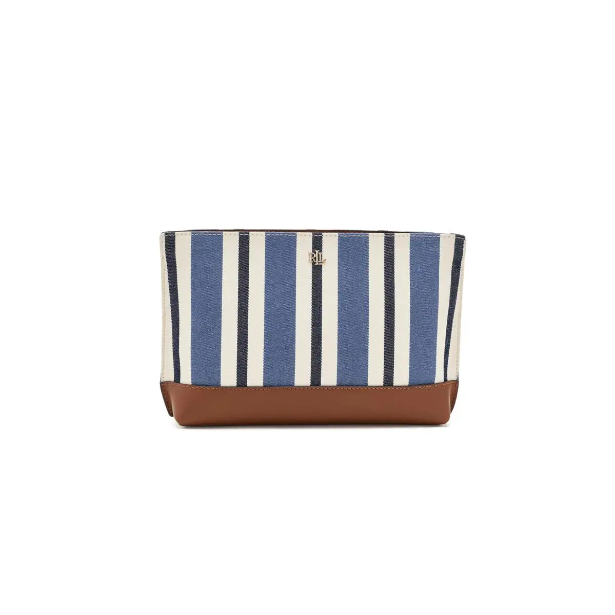 Woman`s Handbags Lauren Ralph Lauren Striped Canvas Leather Large Pouch - Carson Blue Strpe/Lauren Tan, Exterior: Multicolor