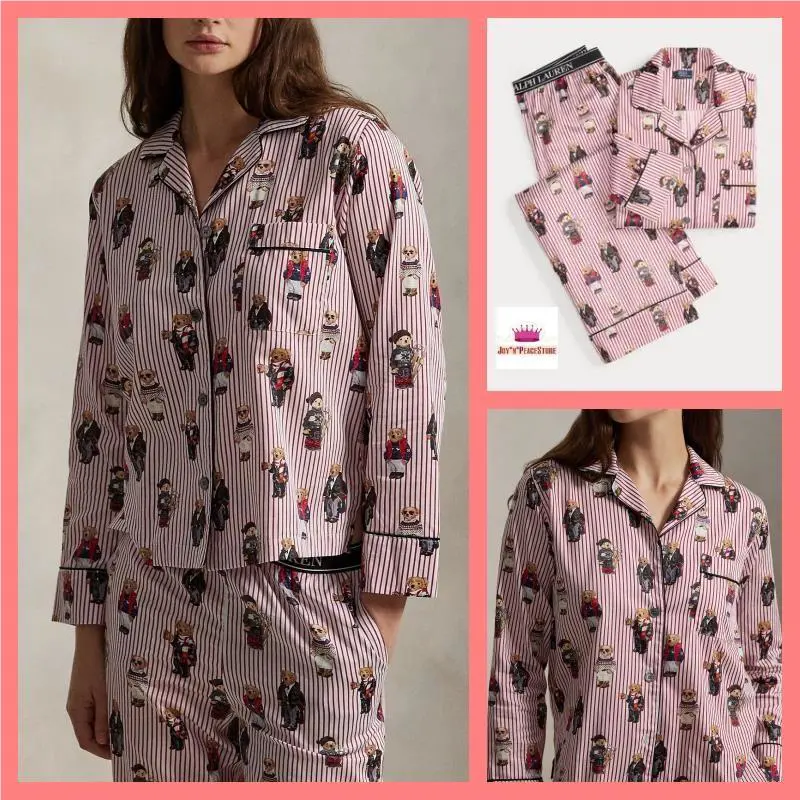 Women`s Ralph Lauren Polo Bear Cotton Sateen Red Pajamas Gift Bag Set XS S