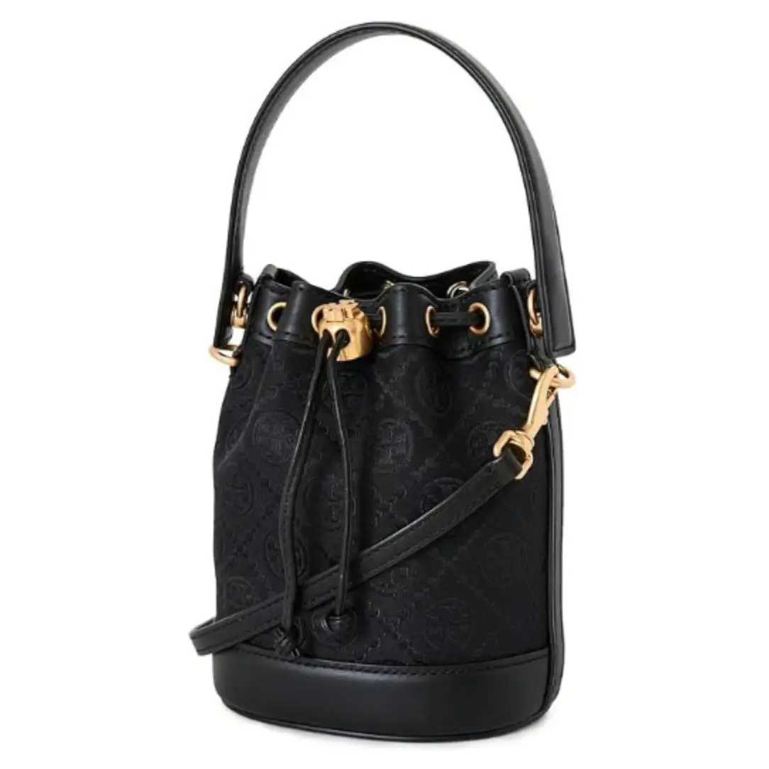 Tory Burch T Monogram Mini Bucket Bag Black Canvas Leather