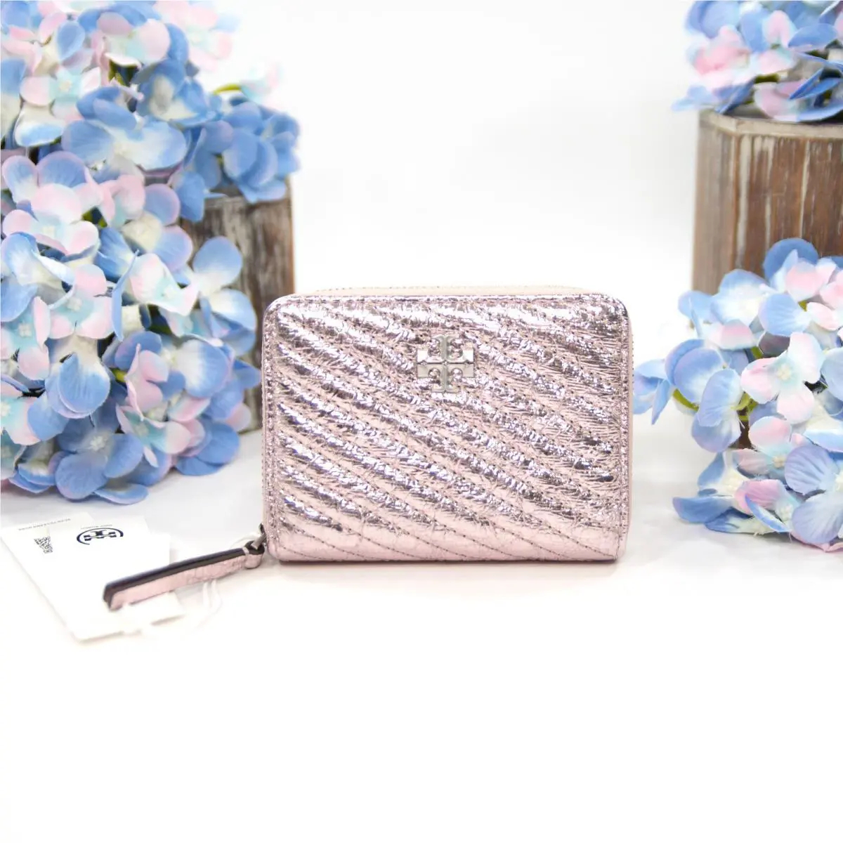 Tory Burch Kira Metallic Moto Quilt Sparkle Pink Leather Small Zip Wallet