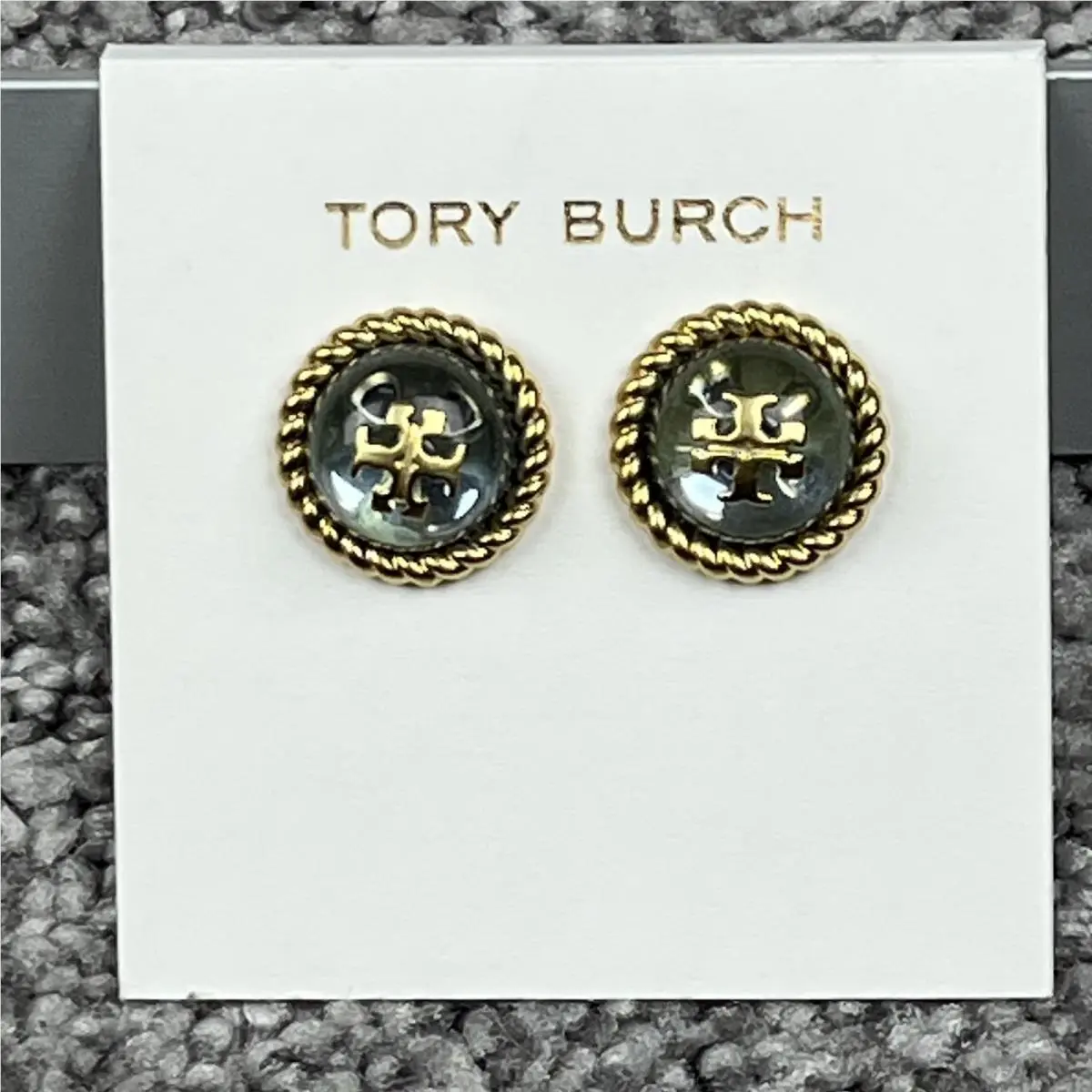 Tory Burch Earrings Gold Rope Round Logo Stud Glass Dome Women Jewelry Signed