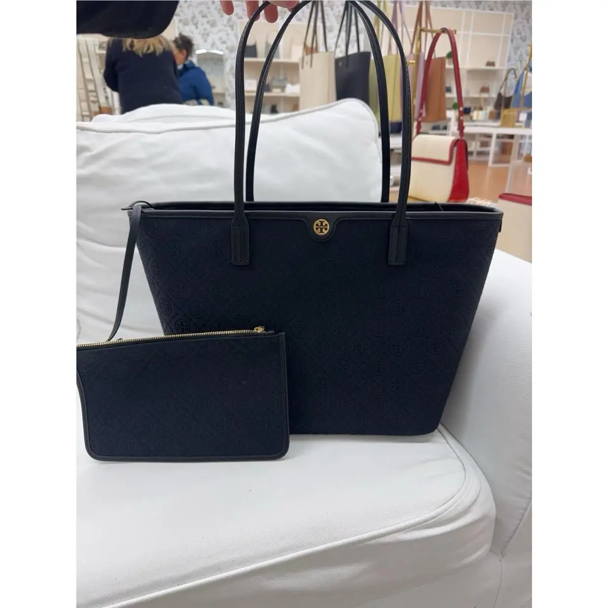 Tory Burch T Monogram Black Large Zipper Tote Travel Shoulder Bag 152302