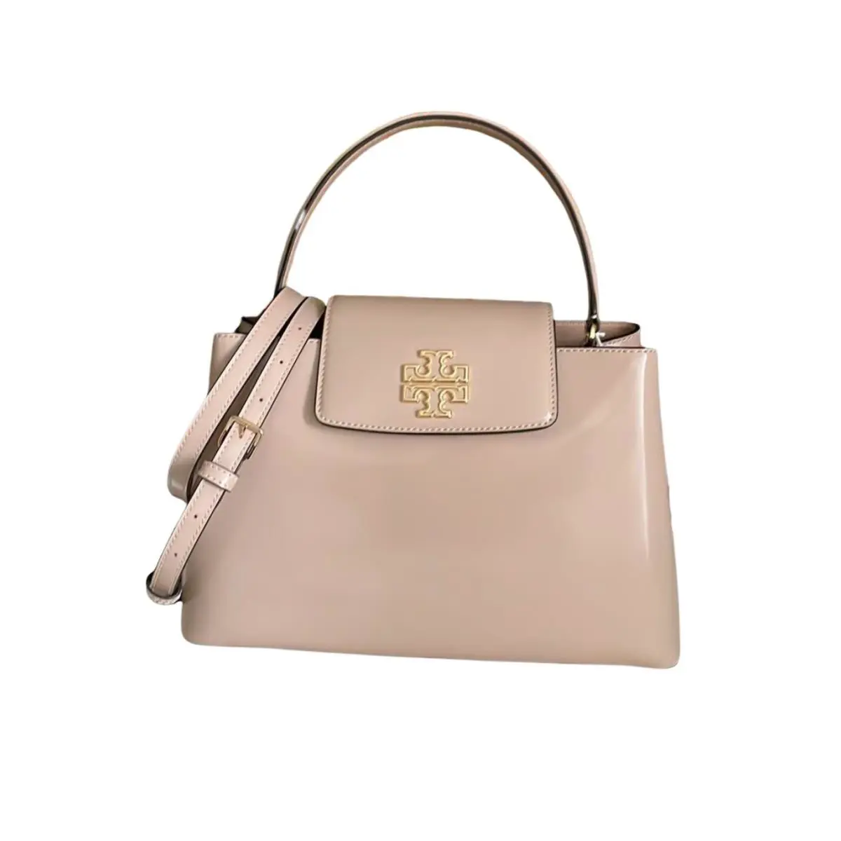 Tory Burch Britten Patent 149637 Devon Sand Satchel Leather Womens Handbag - Handle/Strap: DEVON SAND, Exterior: DEVON SAND, Lining: Beige