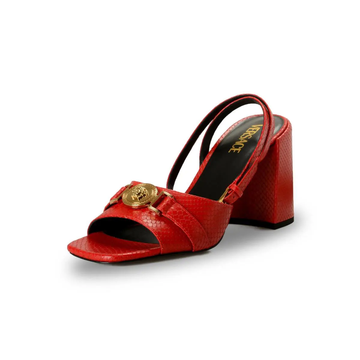 Versace Women`s Snake Print Leather Gold Medusa Heeled Sandals Shoes US 8 IT 38 - Red/Gold