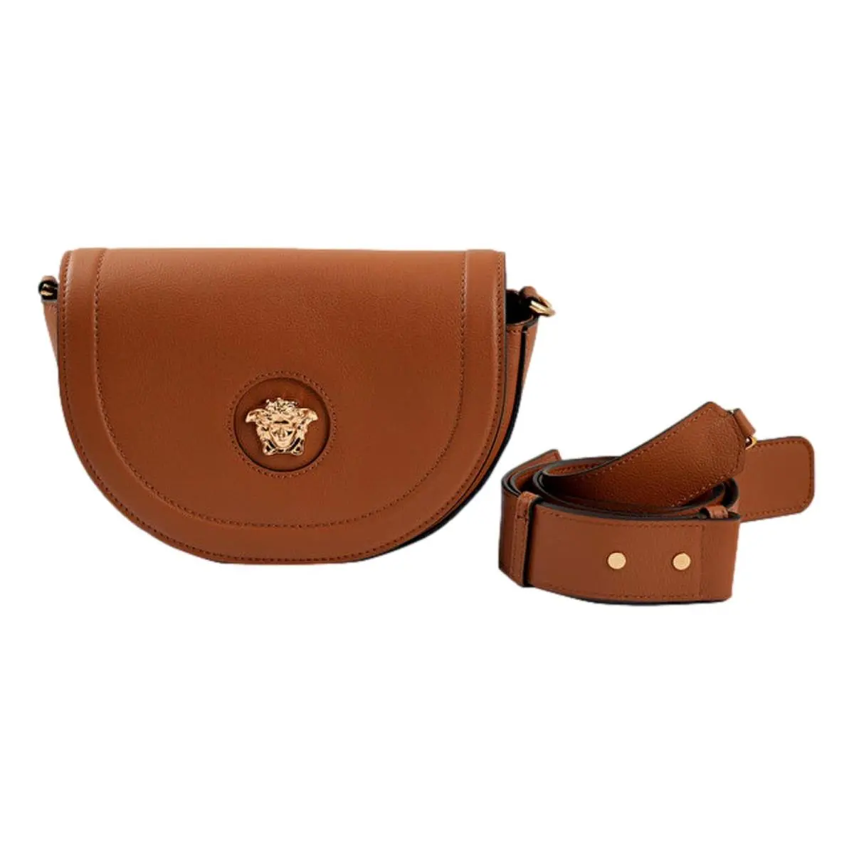 Versace Half-moon La Medusa Vitello Leather Brown Crossbody Handbag