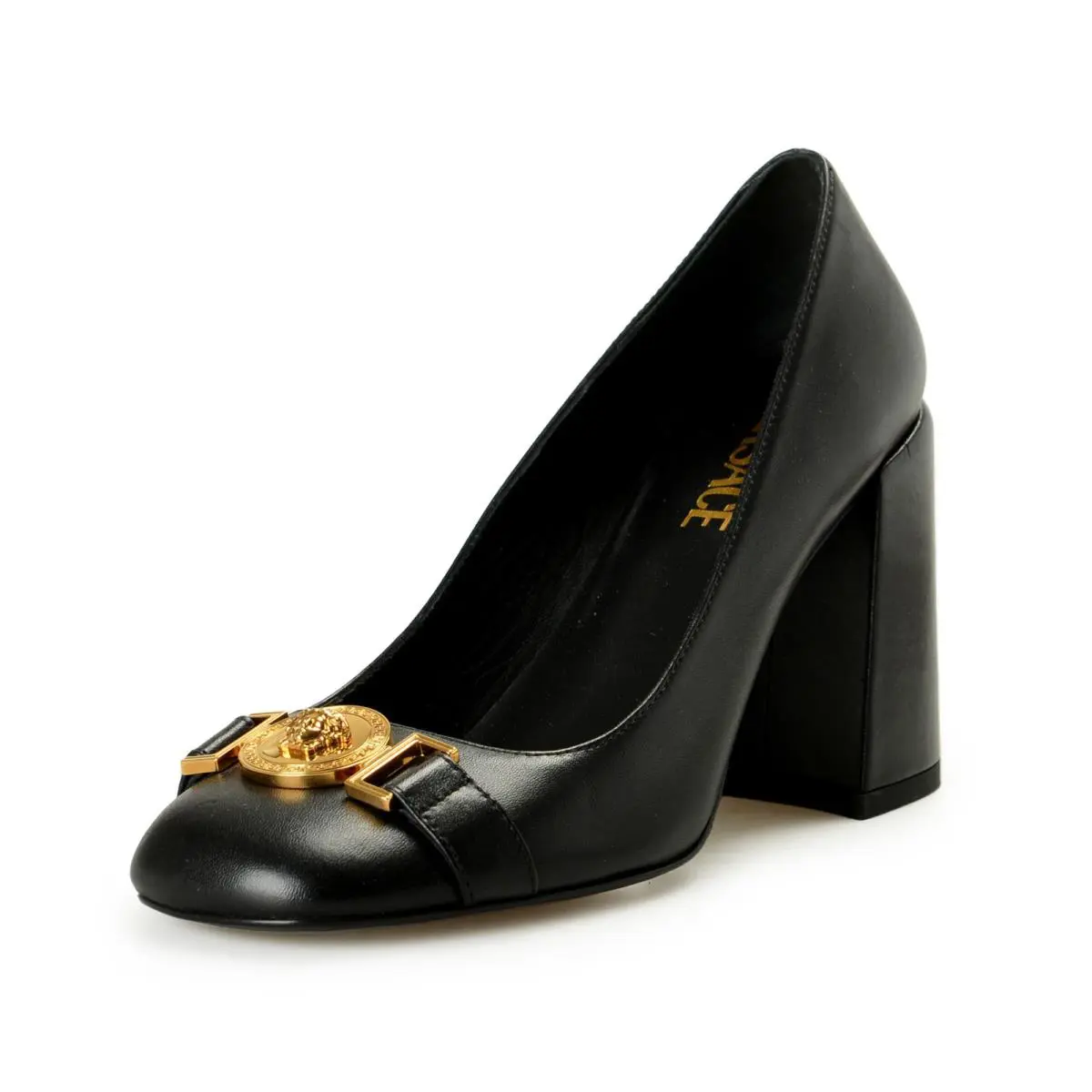 Versace Women`s Gold Medusa Black Leather High Heel Pump Shoes US 10 IT 40