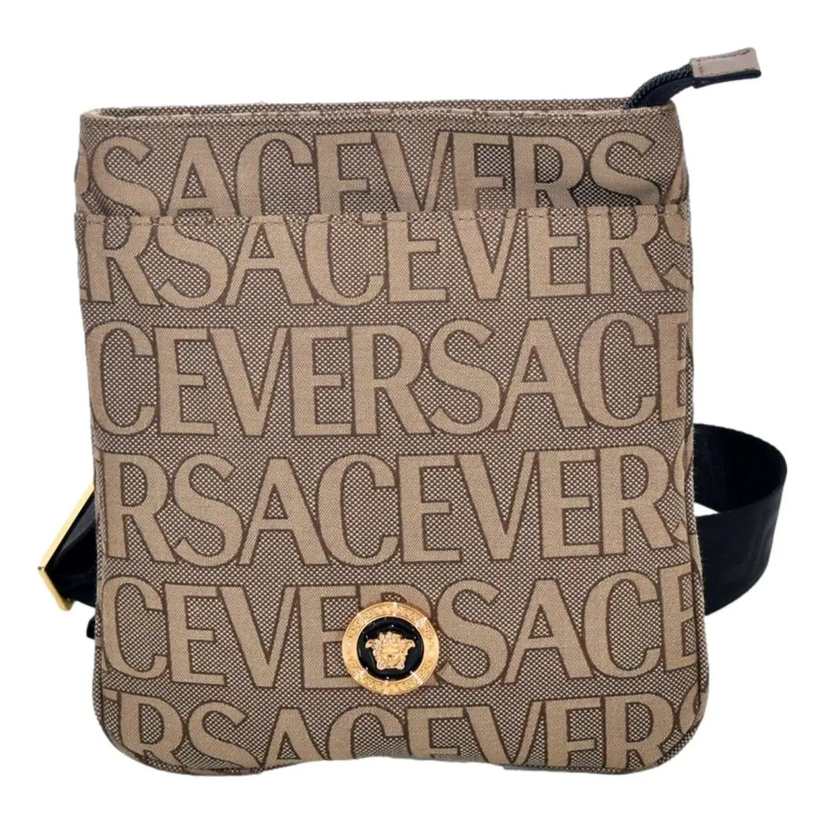 Versace La Medusa Logo Print Canvas Small Crossbody Bag Black Strap Italy