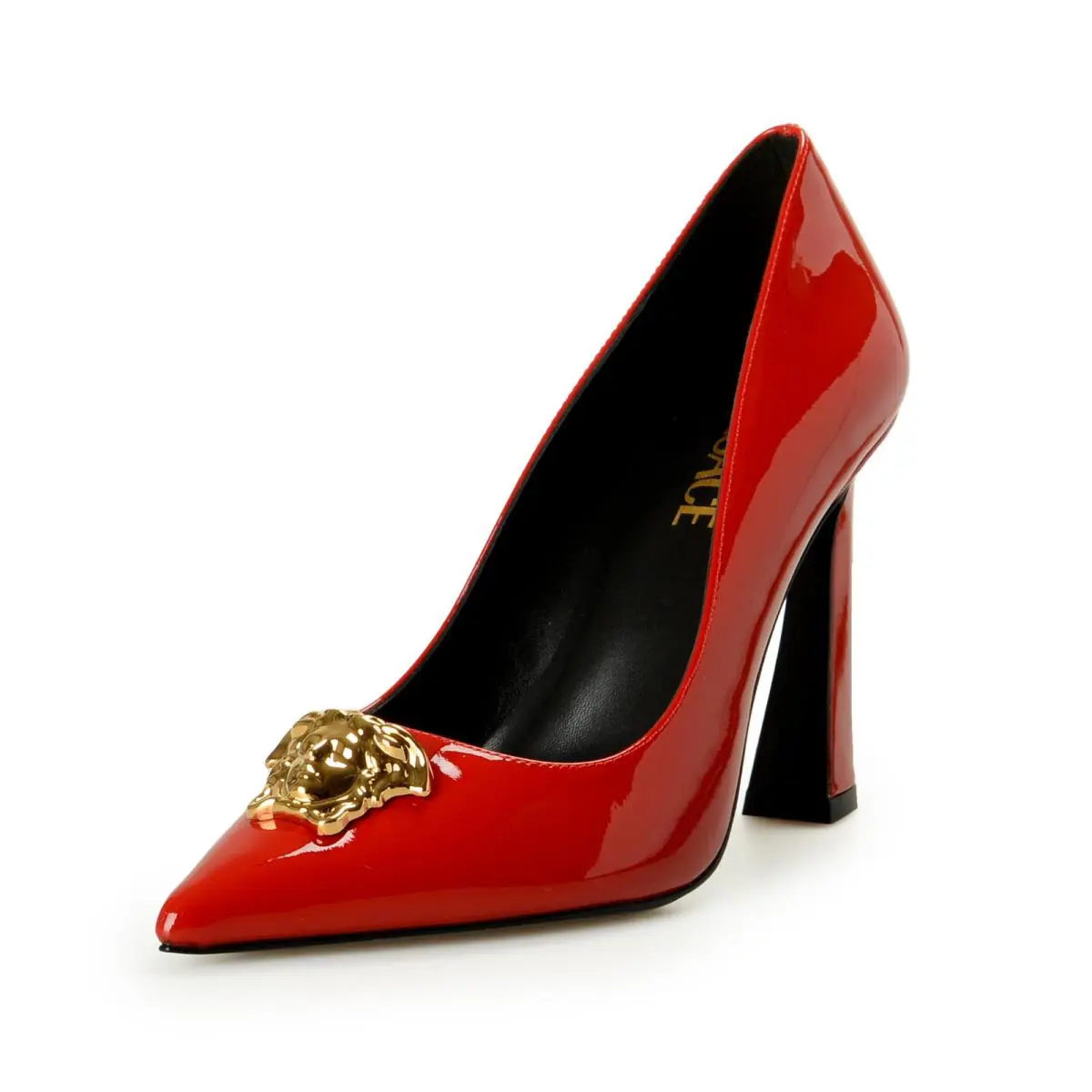 Versace Women`s Gold Medusa Red Patent Leather High Heel Pump Shoes US 9 IT 39