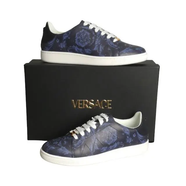 Versace-nib Blue Print Leather Baroque Low Top Sneakers Size 43 - Blue