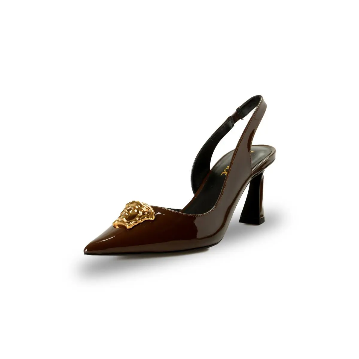Versace Women`s Chocolate Patent Leather Gold Medusa Pump Shoes US 8 IT 38