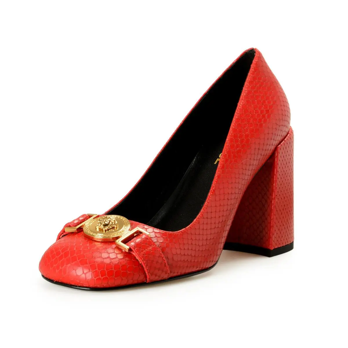 Versace Women`s Gold Medusa Red Leather High Heel Pump Shoes US 9 IT 39