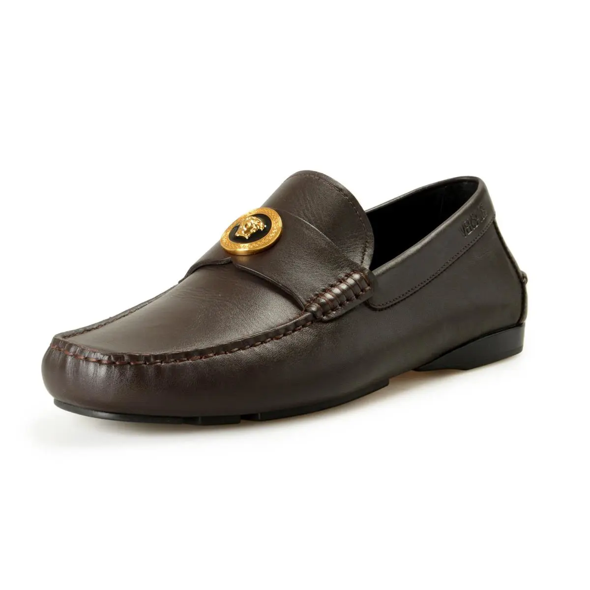 Versace Men`s Brown Leather Gold Medusa Car Shoes Loafers Shoes US 8 IT 41 - Brown