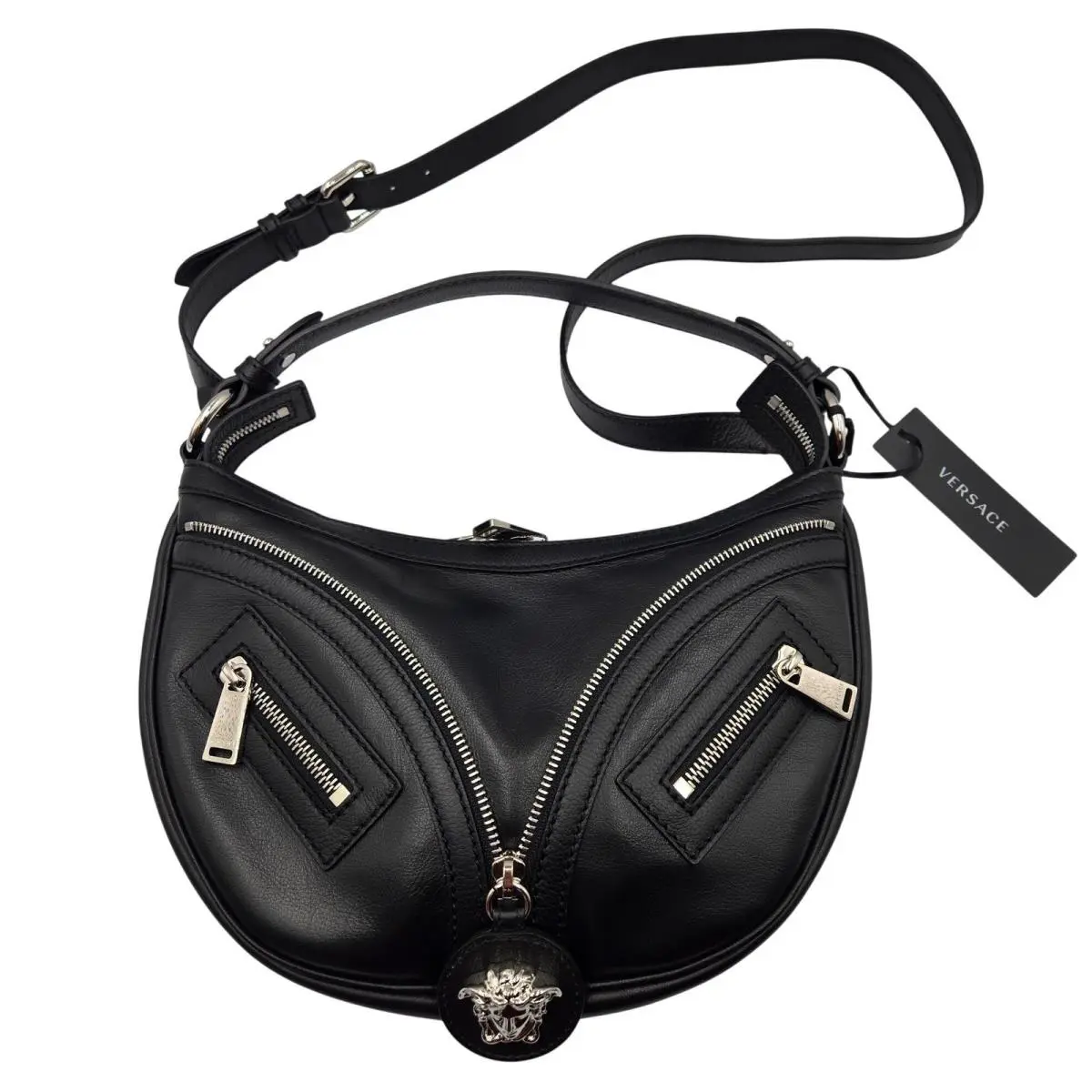 Versace Repeat Small Hobo Bag Black Leather Medusa Biker Zipper